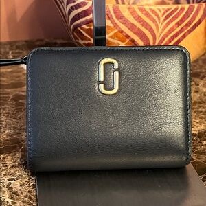 Marc Jacobs Black Leather Logo Mini Compact Wallet with Gold Hardware